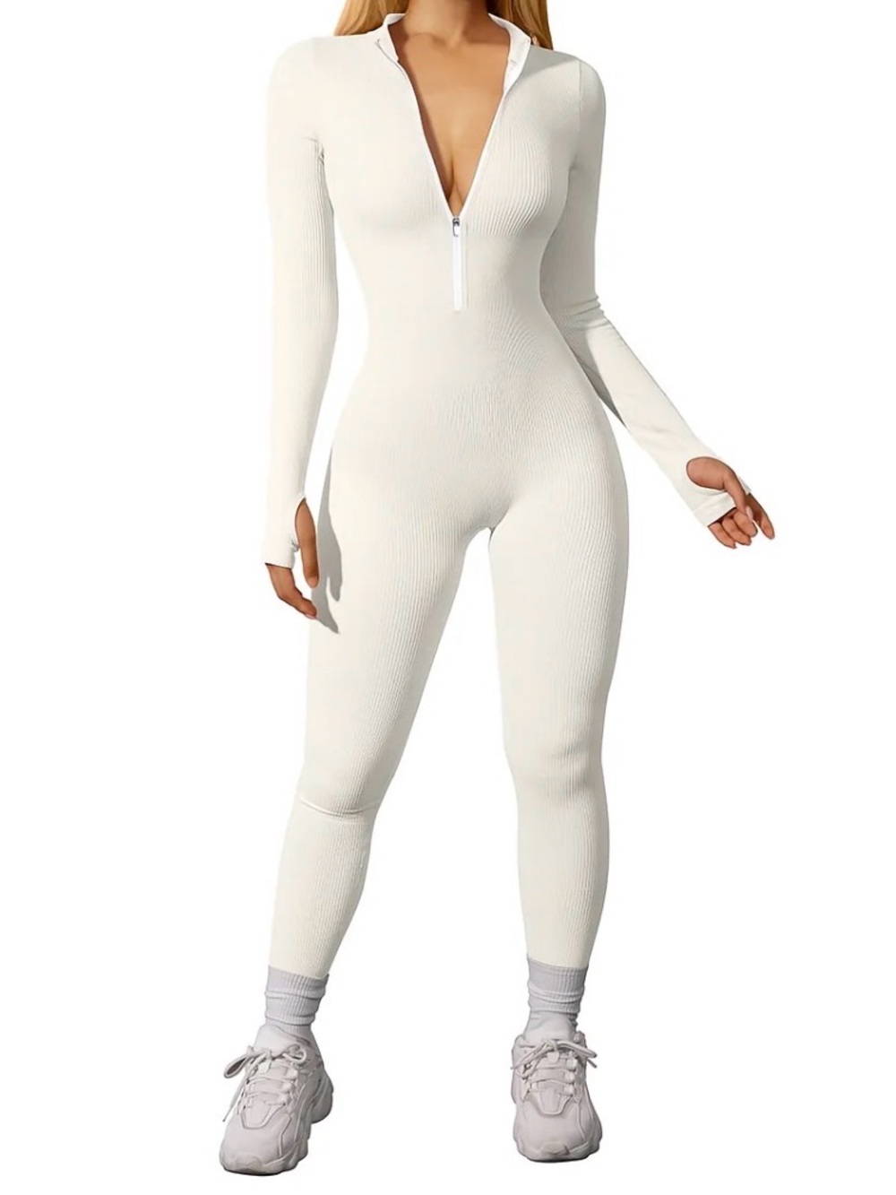 Ribbed Long-Sleeve White Jumpsuit - Sleek Zipper Front